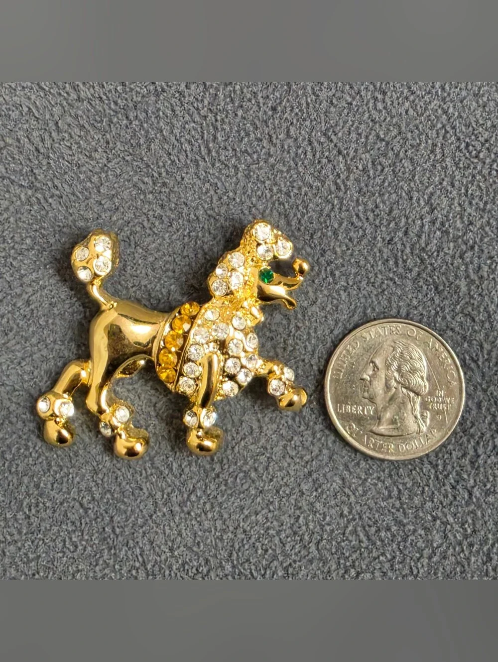 Gold Tone Poodle Dog Brooch Clear Rhinestones Green Eye Figural Pin New